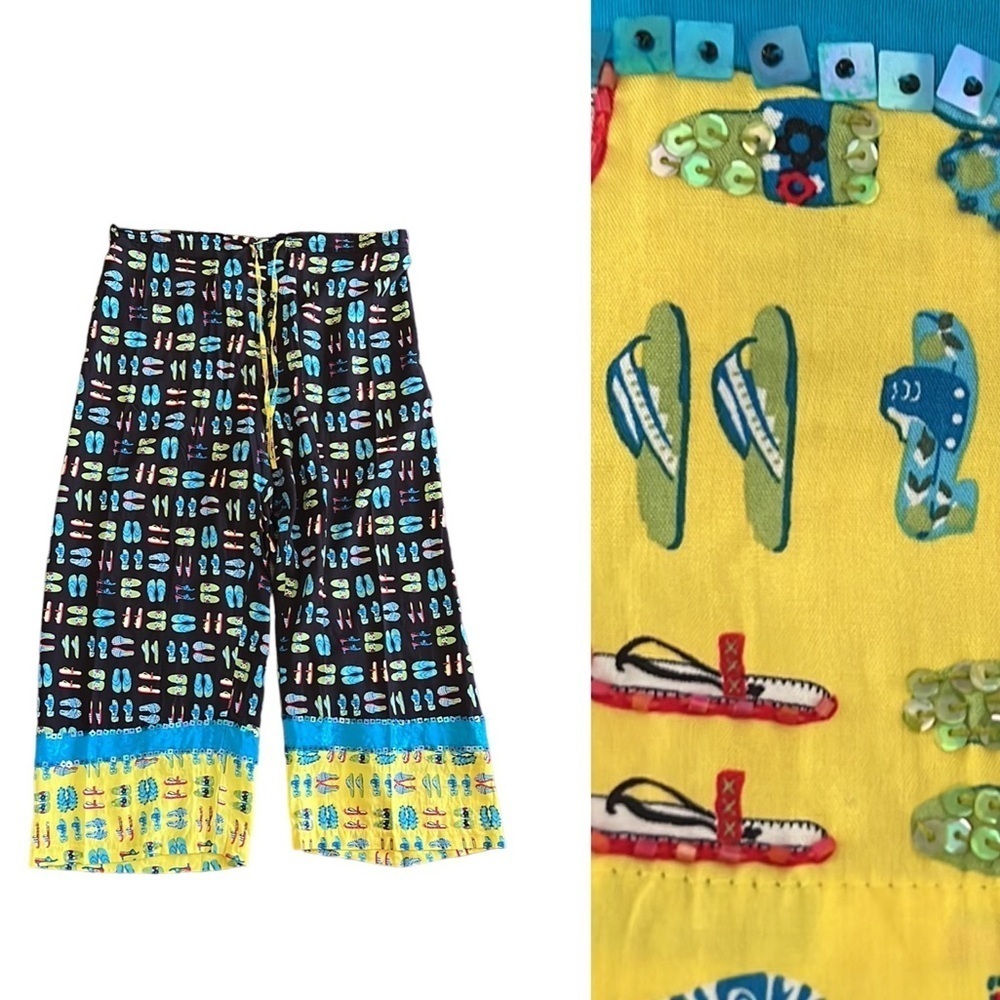 Gabby D Novelty Print Wide Leg High waist Pull-on Crop Pants. Beaded Hem SzL EUC